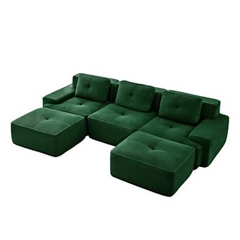 Pnronnc Modern U-Shaped Modular Sectional Sofa Corduroy Couch with Movable Footstool and Pillow
