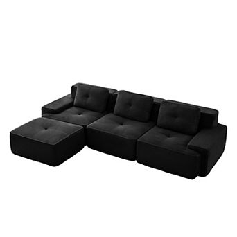 Pnronnc L-Shaped Modular Sectional Sofa, Corduroy 3-Seater Couch with Pillow and Movable Footstool