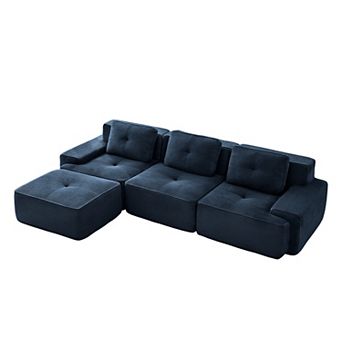 Pnronnc L-Shaped Modular Sectional Sofa, Corduroy 3-Seater Couch with Pillow and Movable Footstool