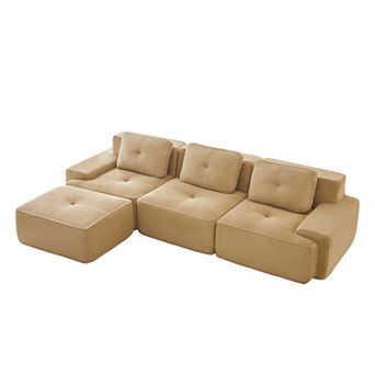 Pnronnc L-Shaped Modular Sectional Sofa, Corduroy 3-Seater Couch with Pillow and Movable Footstool