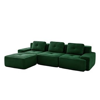 Pnronnc L-Shaped Modular Sectional Sofa, Corduroy 3-Seater Couch with Pillow and Movable Footstool
