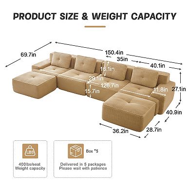 Pnronnc U-Shaped Modular Sectional Sofa Corduroy Couch with Two Movable Footstool and Pillow