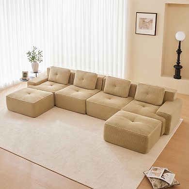 Pnronnc U-Shaped Modular Sectional Sofa Corduroy Couch with Two Movable Footstool and Pillow