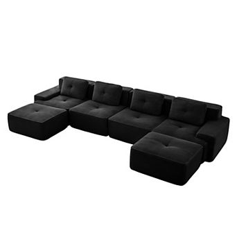 Pnronnc U-Shaped Modular Sectional Sofa Corduroy Couch with Two Movable Footstool and Pillow