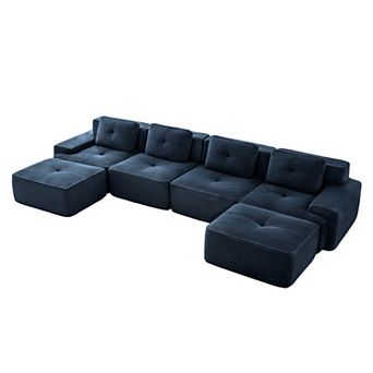 Pnronnc U-Shaped Modular Sectional Sofa Corduroy Couch with Two Movable Footstool and Pillow