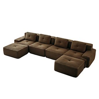 Pnronnc U-Shaped Modular Sectional Sofa Corduroy Couch with Two Movable Footstool and Pillow