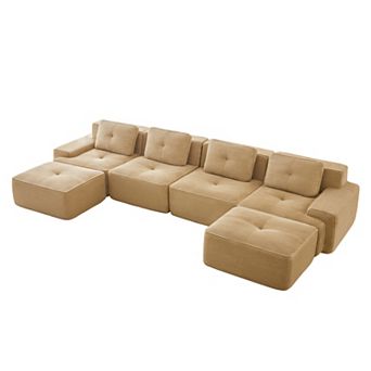 Pnronnc U-Shaped Modular Sectional Sofa Corduroy Couch with Two Movable Footstool and Pillow