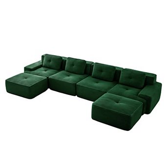 Pnronnc U-Shaped Modular Sectional Sofa Corduroy Couch with Two Movable Footstool and Pillow