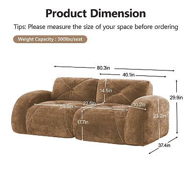 Pnronnc Loveseat 2-Seater Tufted Boneless Sofa Velvet Cloud Couch with Modular Design