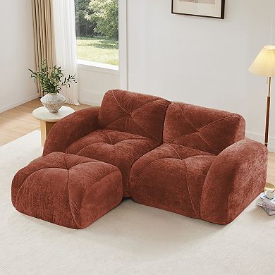 Pnronnc L-Shaped Boneless Sofa Velvet Modular Couch with Tufted Design and Movable Footstools