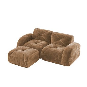 Pnronnc L-Shaped Boneless Sofa Velvet Modular Couch with Tufted Design and Movable Footstools