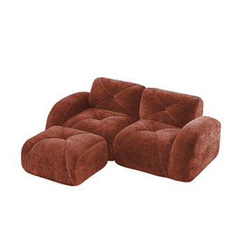 Pnronnc L-Shaped Boneless Sofa Velvet Modular Couch with Tufted Design and Movable Footstools