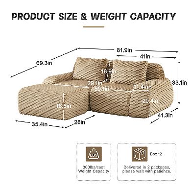 Pnronnc Modern L-Shaped Modular Sofa Oversized 2-Seater Boneless Couch with Movable Footstool
