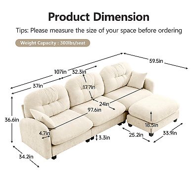 Pnronnc Modular Sectional Sofa L-Shaped Chenille Couch with Footstools and Throw Pillow