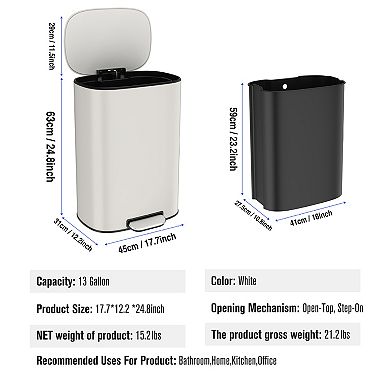 Pnronnc Kitchen Trash Can 50L Stainless Steel Step Bin with Soft Close Lid
