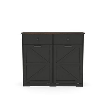 Pnronnc Double Tilt-Out Trash Cabinet 20 Gallon Recycling Bin Holder with Barn Door and Drawer