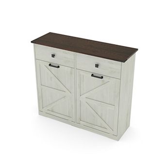 Pnronnc Double Tilt-Out Trash Cabinet 20 Gallon Recycling Bin Holder with Barn Door and Drawer