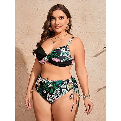 Plus Size Two Piece Bikini Twist Front Top High Waist Drawstring Bottom Bathing Suit