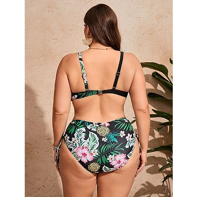 Plus Size Two Piece Bikini Twist Front Top High Waist Drawstring Bottom Bathing Suit