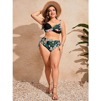 Plus Size Two Piece Bikini Twist Front Top High Waist Drawstring Bottom Bathing Suit