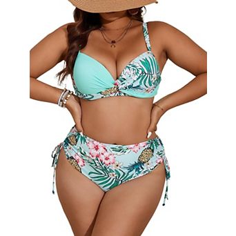 Plus Size Two Piece Bikini Twist Front Top High Waist Drawstring Bottom Bathing Suit