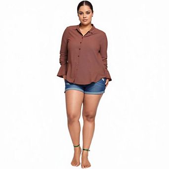 Plus Size Bell Cuff Button Down Shirt Blouse