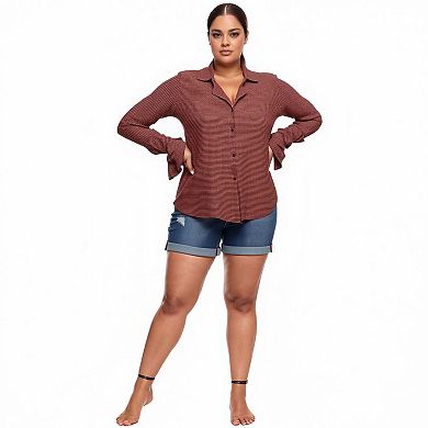 Plus Size Bell Cuff Button Down Shirt Blouse