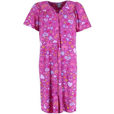 Elegant Emily Women's Pink Hearts Short Sleeve Button Down Duster