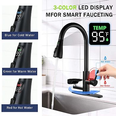 Pnronnc 3 in 1 Kitchen Faucet with LED Temperature Display Glass Rinser Pull Down Sprayer