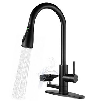 Pnronnc 3 in 1 Kitchen Faucet with LED Temperature Display Glass Rinser Pull Down Sprayer