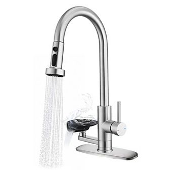 Pnronnc 3 in 1 Kitchen Faucet with Glass Rinser Pull Down Sprayer High Arc Faucet