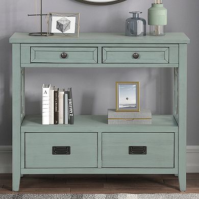 Pnronnc 36" Pine Wood Console Table Entryway Table with 4 Drawers and Storage Shelf