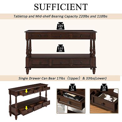 Pnronnc 54" Solid Wood Console Table Vintage Double Layer Entryway Table with 6 Drawers
