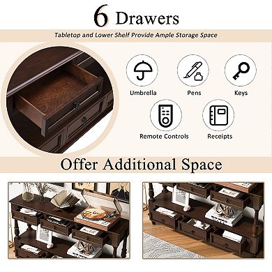 Pnronnc 54" Solid Wood Console Table Vintage Double Layer Entryway Table with 6 Drawers