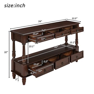 Pnronnc 54" Solid Wood Console Table Vintage Double Layer Entryway Table with 6 Drawers
