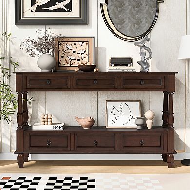 Pnronnc 54" Solid Wood Console Table Vintage Double Layer Entryway Table with 6 Drawers