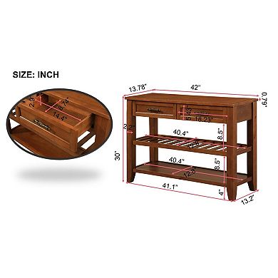 Pnronnc 42" Solid Wood Console Table Buffet Sideboard with 2 Drawers and 2 Tier Shelves