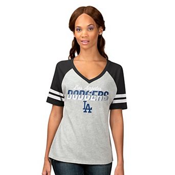 Women's G-III 4Her by Carl Banks Heather Gray Los Angeles Dodgers Goal Line Raglan V-Neck T-Shirt