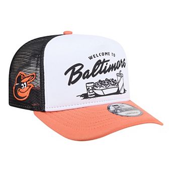 Men's New Era White/Orange Baltimore Orioles Foodie A-Frame 9FIFTY Trucker Snapback Hat