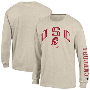 Men's Champion Heather Oatmeal USC Trojans Neutral Arch Long-Sleeve T-Shirt