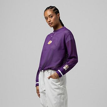 Women's Mitchell & Ness Purple Los Angeles Lakers Hardwood Classics Henley Mesh Long Sleeve Cropped Top