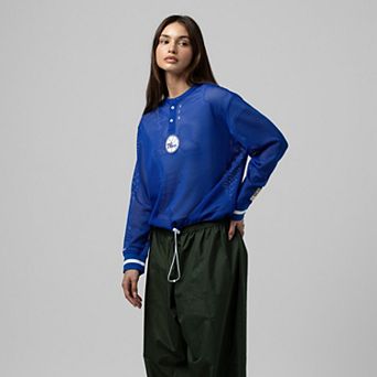 Women's Mitchell & Ness Royal Philadelphia 76ers Hardwood Classics Henley Mesh Long Sleeve Cropped Top