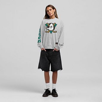 Women's Mitchell & Ness Heather Gray Anaheim Ducks Core 3-Hit Oversized Sweatshirt