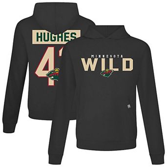 Men's Levelwear Quinn Hughes Black Minnesota Wild Relay Name & Number Long Sleeve Hooded T-Shirt