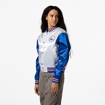 Women's Mitchell & Ness White Philadelphia 76ers Cropped Satin Full-Snap Jacket