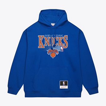 Men's Mitchell & Ness Blue New York Knicks Team Name Stack & Logo Hoodie