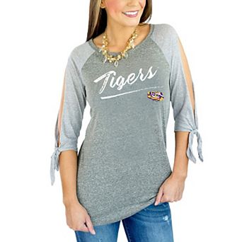 Women's Gray LSU Tigers Tie Sleeve Raglan 3/4-Sleeve T-Shirt