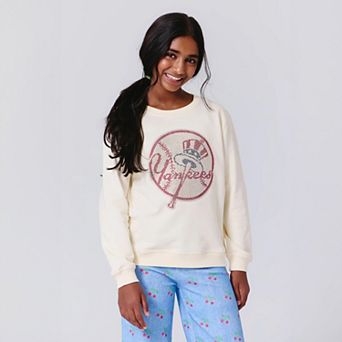 Girls Youth Terez Cream New York Yankees Gems Logo Fleece Crewneck Sweatshirt