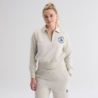 Women's Fanatics Oatmeal Heather Los Angeles Dodgers Iconic Terry Quarter-Zip Sweatshirt
