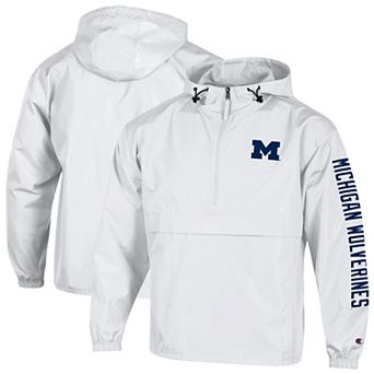 Men's Champion White Michigan Wolverines Cloud Packable Half-Zip Hooded Jacket